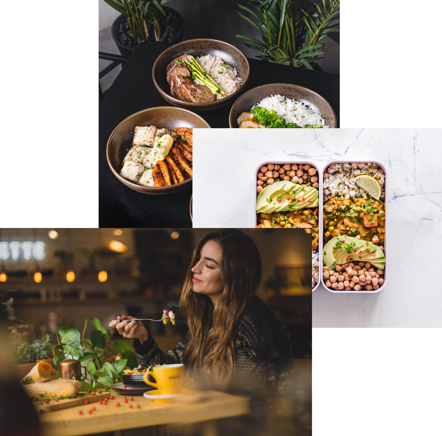 Woman enjoying food, meals in storage containers, and food bowls on the table
